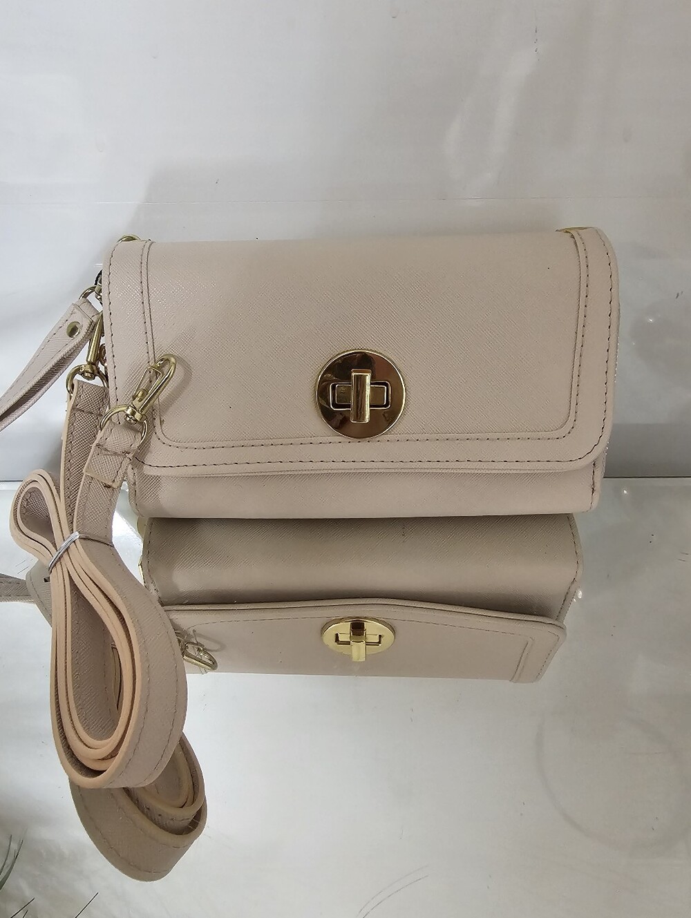 Neutral Beige Crossbody Bag with Gold Turn-Lock